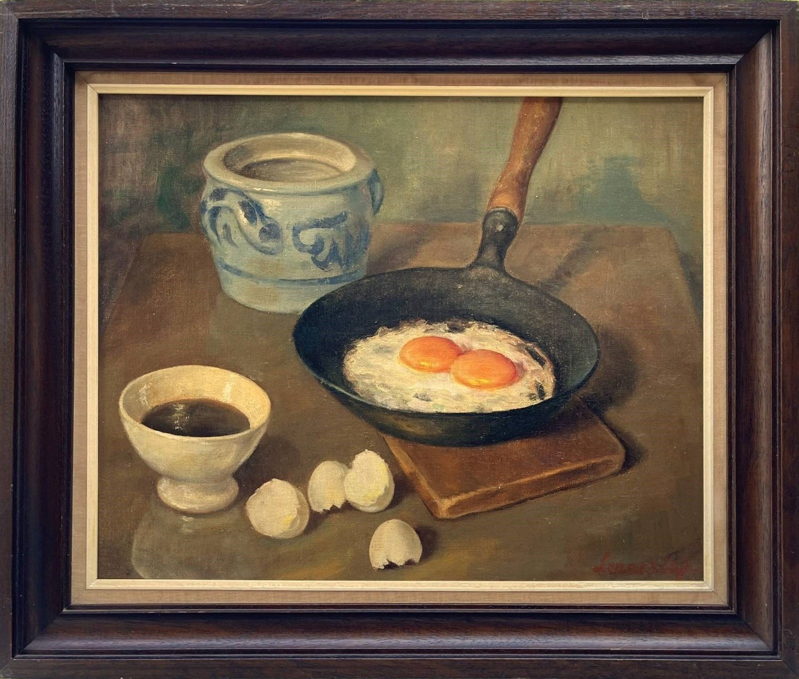 Vintage Still Life Painting, Fried Egg in a Pan with a Cup of Coffee, Signed 